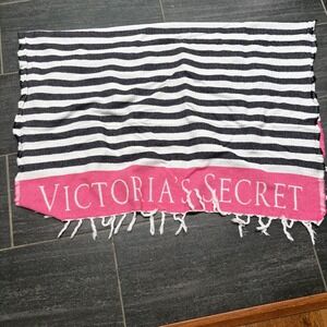 Victoria's Secret Beach Towel‎ Black White Striped Pink Logo One Size